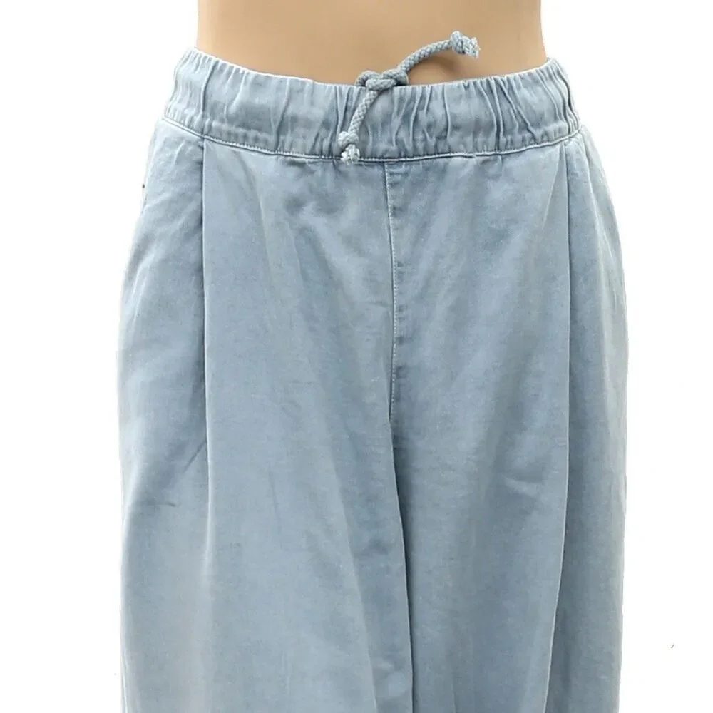 Free People Women's Wide-Leg Drawstring Trouser Pants Adjustable Blue XL 288468